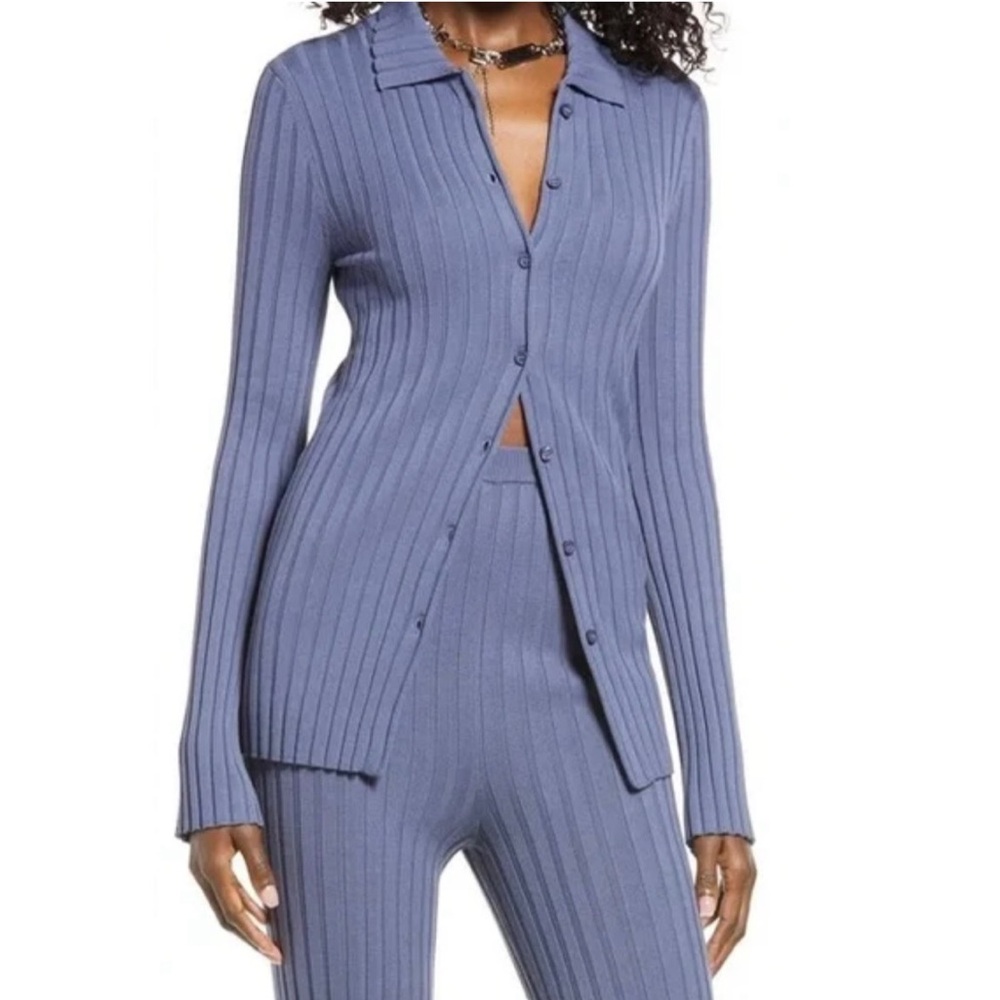 Open Edit Cardigan and Pants Ribbed Set in Blue Shadow